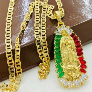 Virgen de Guadalupe Necklace Charm 44x20 Mariner Chain 24" for Mens Gold Filled